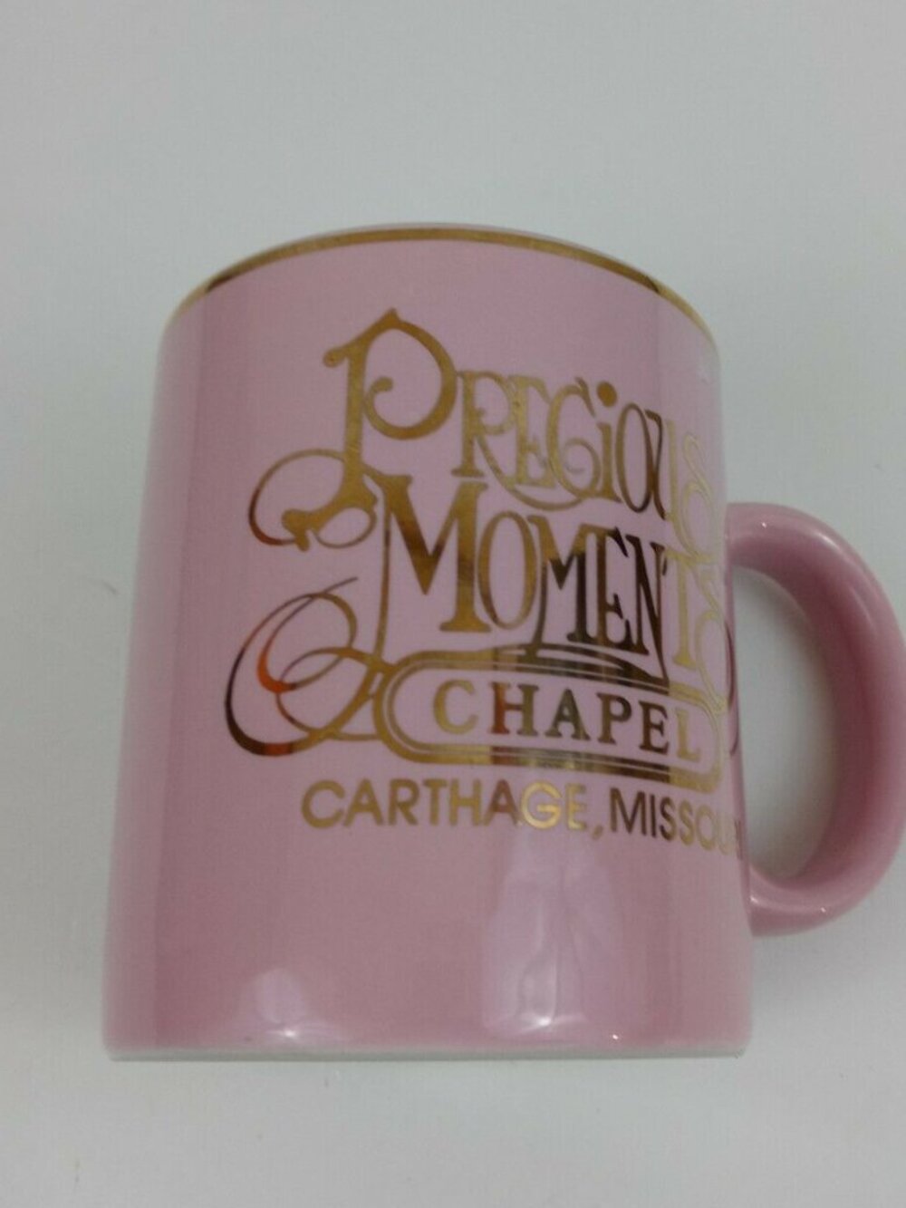 Precious Moments Chapel Carthage, Missouri Pink & Gold Coffee Mug Cup 4" Tall